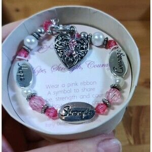 Pink Cancer Awareness Ribbon Hope Courage Strength Silver Bracelet Original Box
